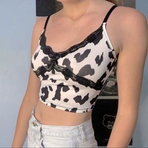 Cow print cross body lace cropped Y2K cami!